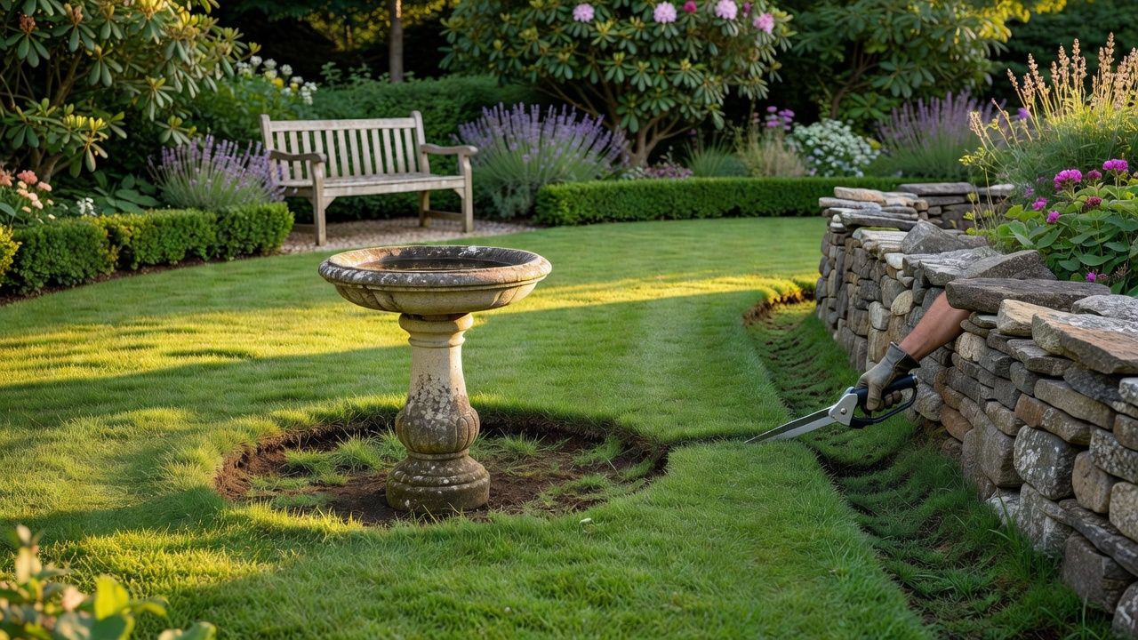 Grass trimming around garden features