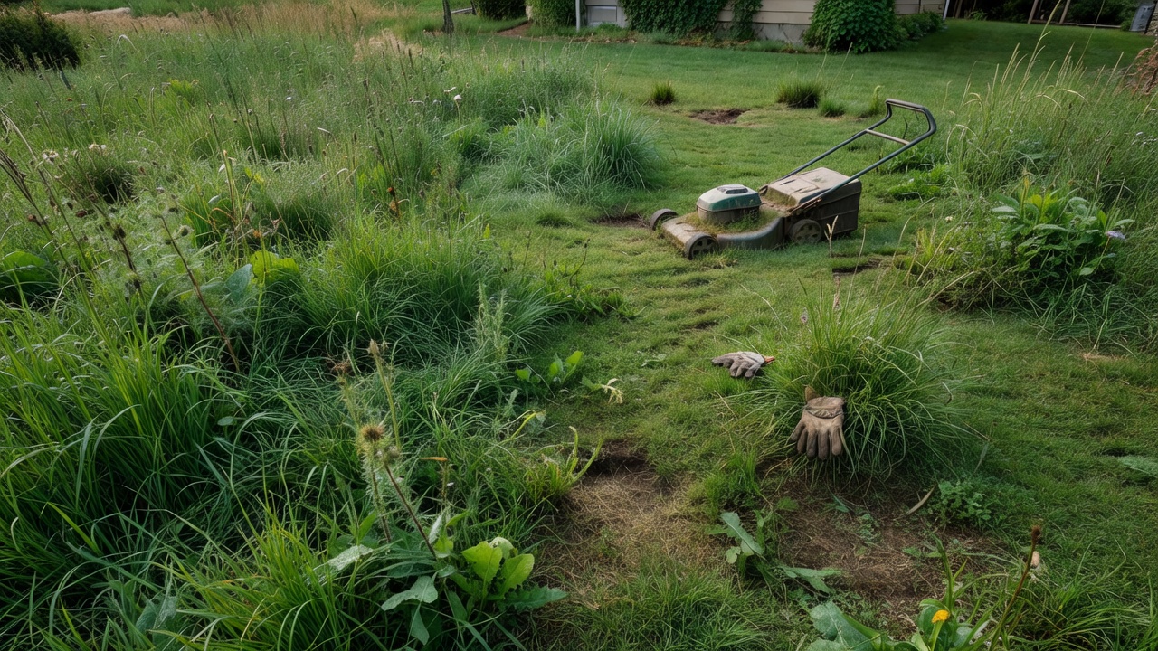 Overgrown lawn before service