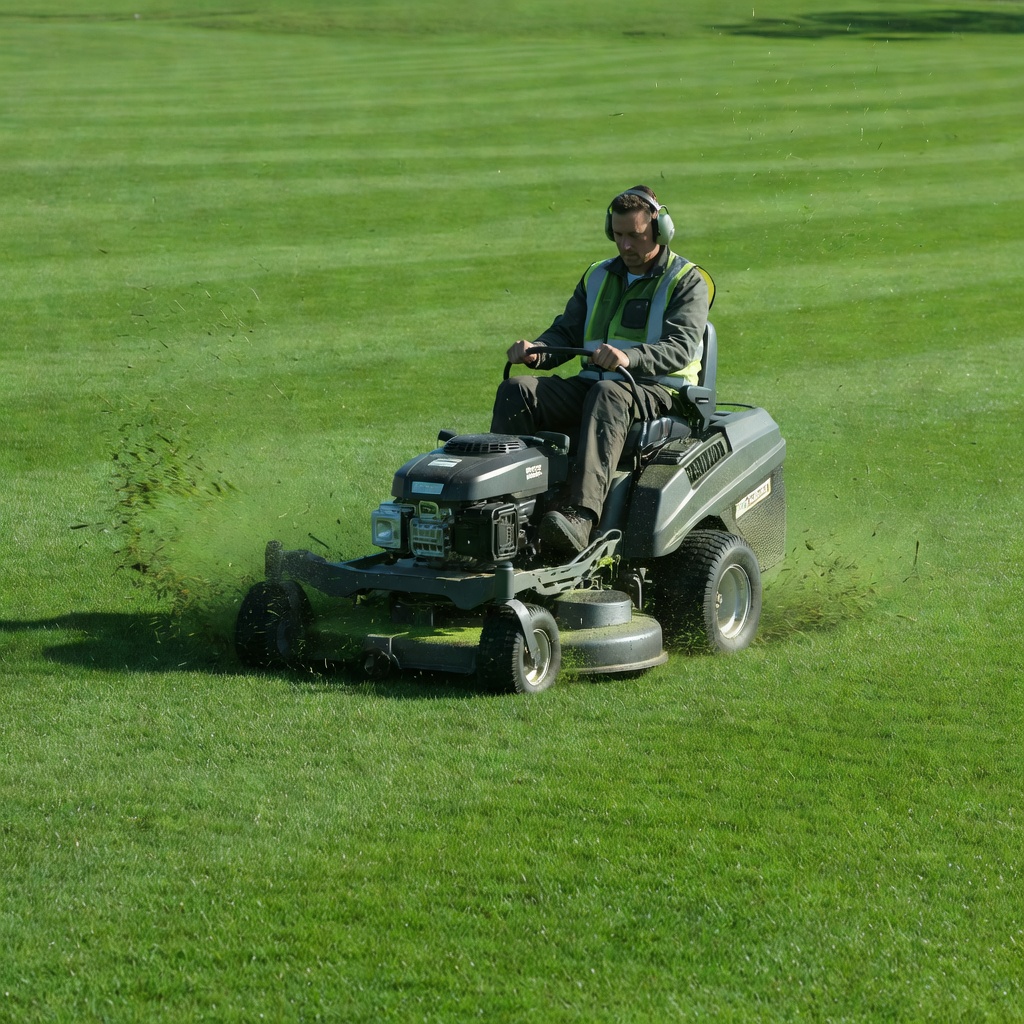 Professional lawn mower operating on green grass