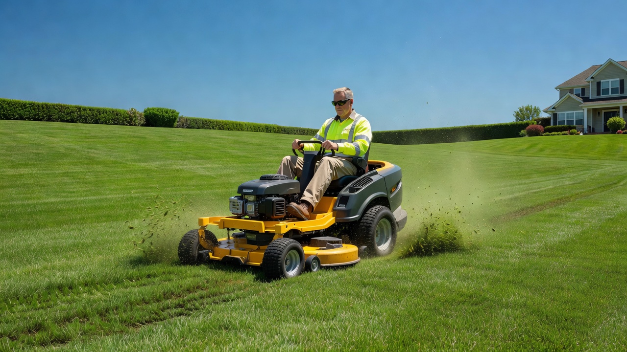 Professional lawn mowing on a sunny day