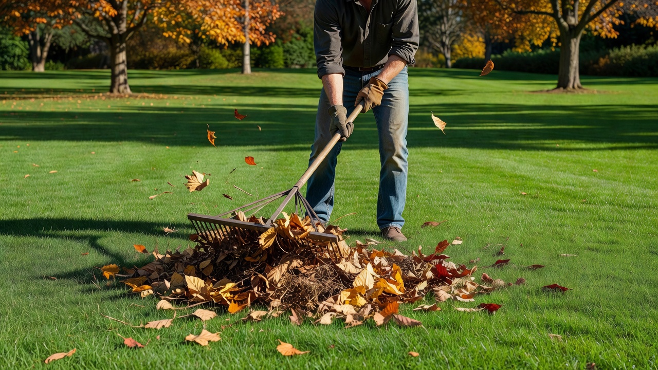 Removing leaves and debris from a green lawn