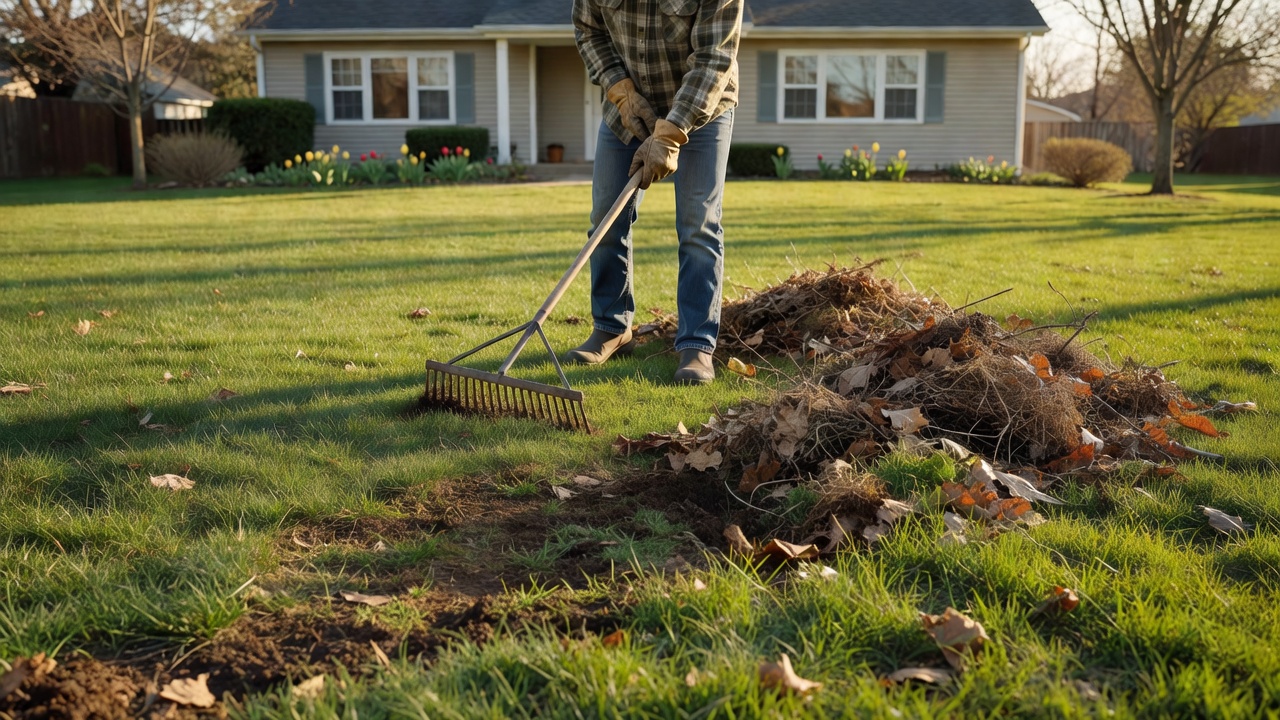 Seasonal lawn preparation and raking