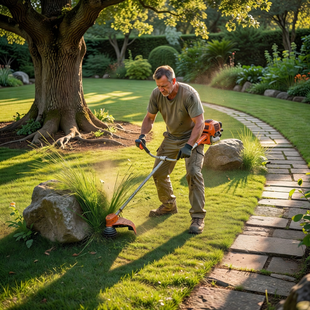 Trimming grass around obstacles